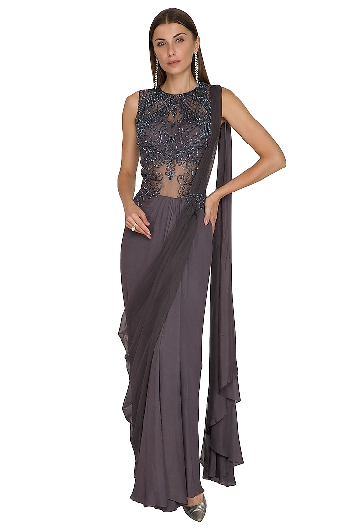 Charcoal Grey Embroidered Saree Gown With Attached Drape by Seep Mahajan