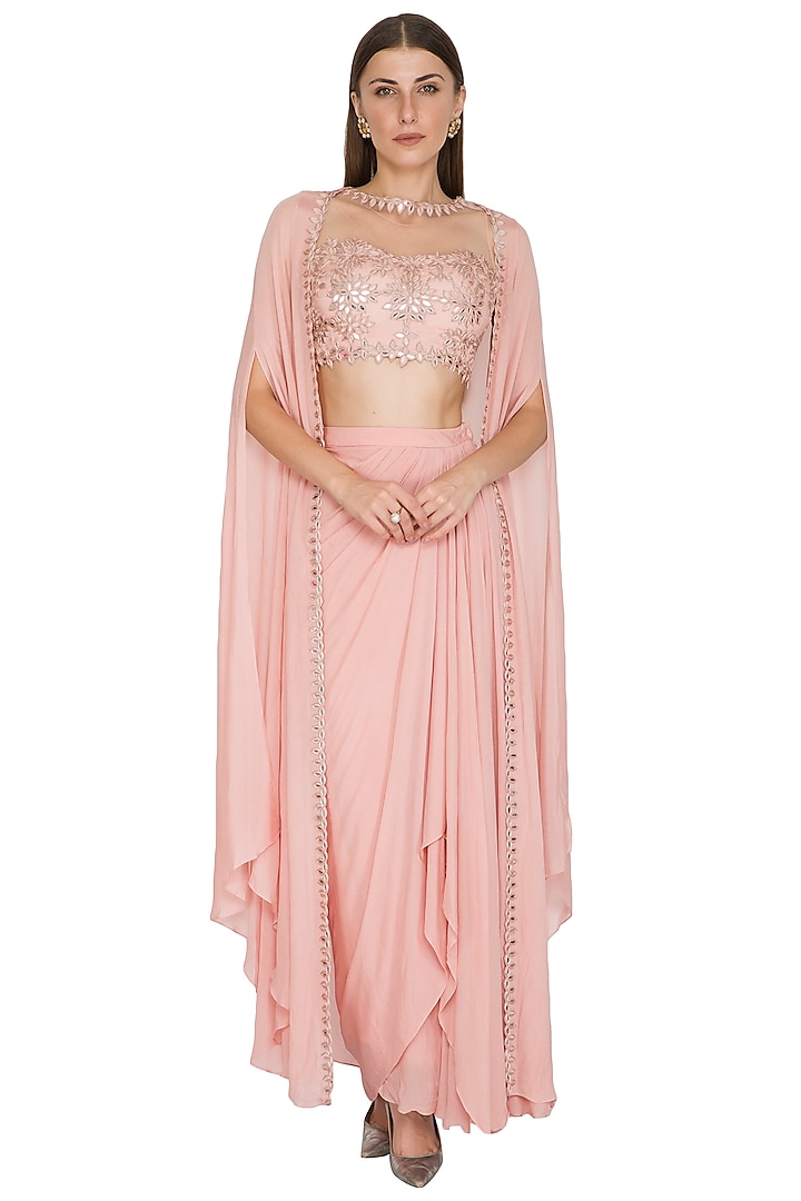 Blush Pink Embroidered Crop Top With Drape Skirt & Cape by Seep Mahajan