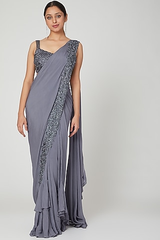 Pigeon Blue Drape Saree Set by Seep Mahajan