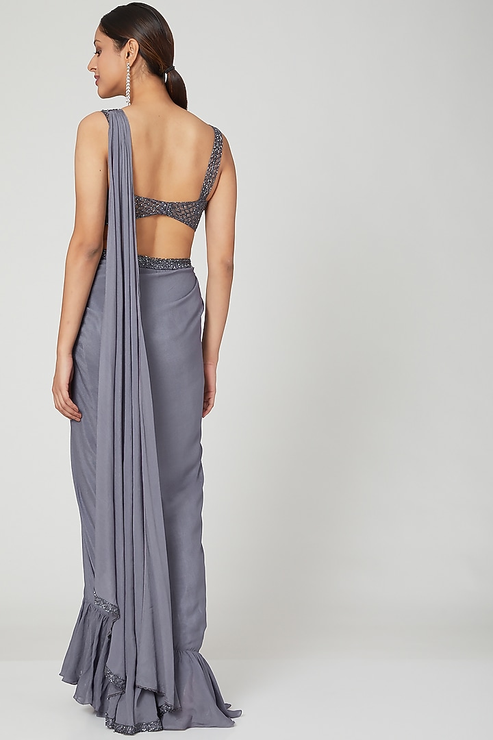 Pigeon Blue Drape Wedding Saree Set by Seep Mahajan at Pernia's Pop Up Shop