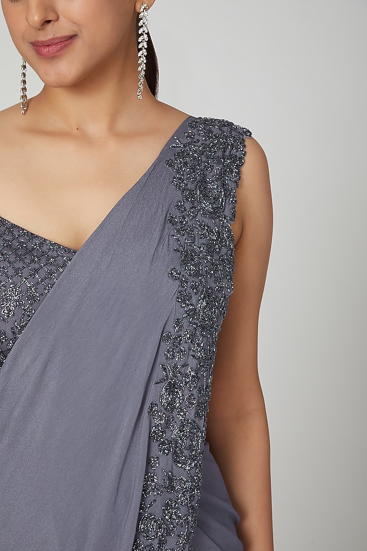 Pigeon Blue Drape Wedding Saree Set by Seep Mahajan at Pernia's Pop Up Shop