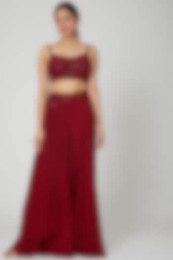 Marsala Red Draped Skirt Set by Seep Mahajan