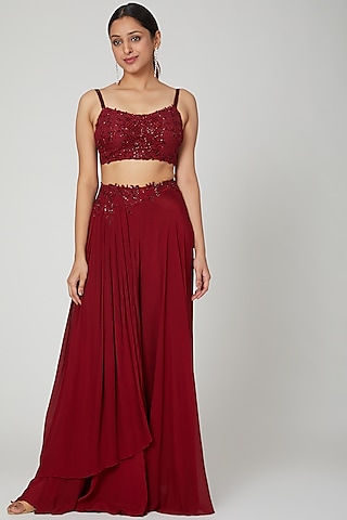 Marsala Red Draped Skirt Set by Seep Mahajan
