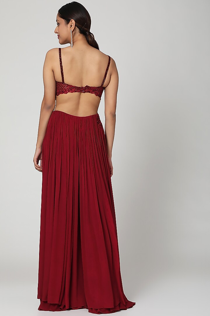 Marsala Red Draped Skirt Set by Seep Mahajan at Pernia's Pop Up Shop