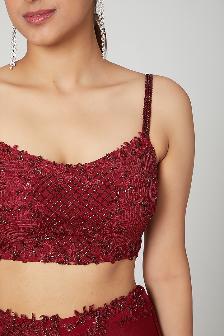 Marsala Red Draped Skirt Set by Seep Mahajan at Pernia's Pop Up Shop