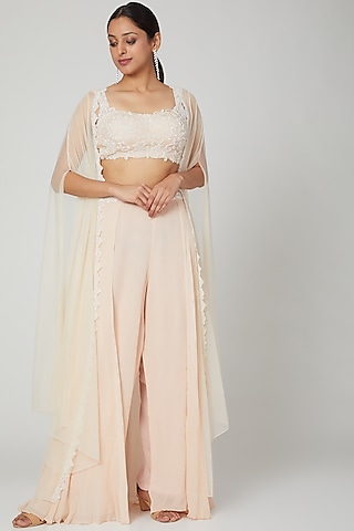 Champagne Embroidered Skirt Set by Seep Mahajan
