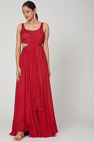 Red Embroidered Gown by Seep Mahajan