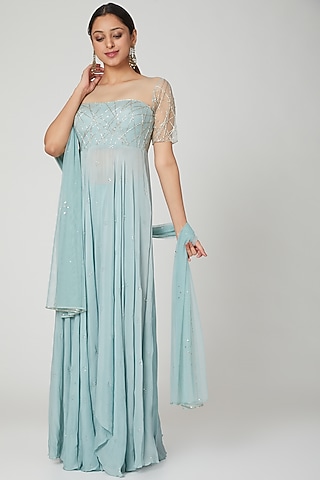 Blue Embroidered Anarkali Set by Seep Mahajan