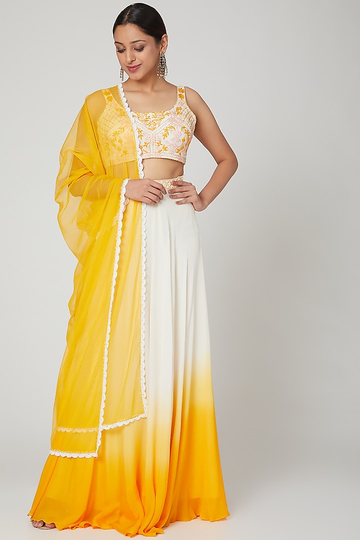 Ivory & Yellow Ombre Lehenga Set by Seep Mahajan