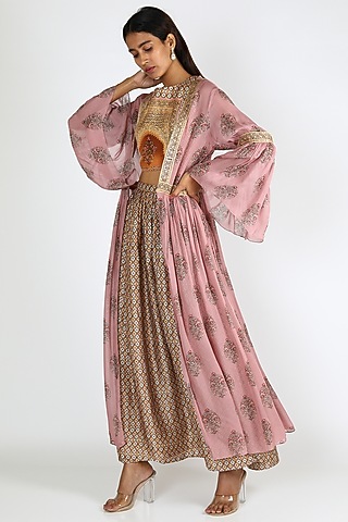 Pink Printed Jacket Set For Girls by Soup by Sougat Paul Kids