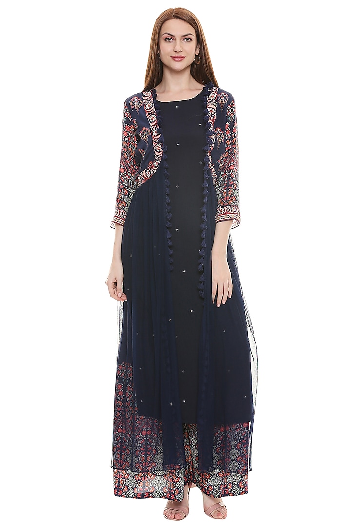 Persian Blue Embroidered Kurta Set For Girls by Soup by Sougat Paul Kids