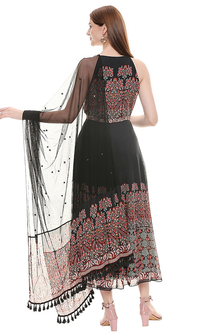 Black Chiffon Printed Anarkali Set For Girls by Soup by Sougat Paul Kids at Pernia's Pop Up Shop