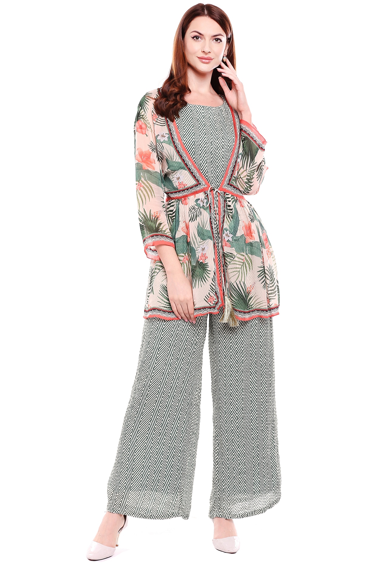 Green Printed Jumpsuit With Jacket For Girls by Soup by Sougat Paul Kids at Pernia s Pop Up Shop