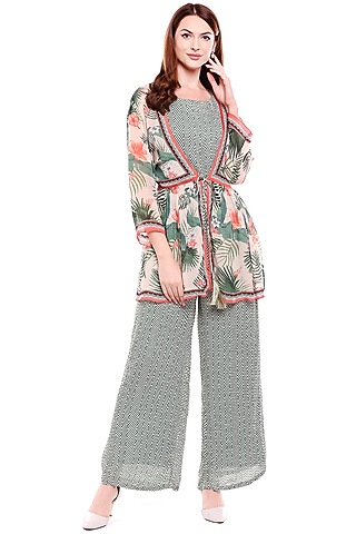 Green Printed Jumpsuit With Jacket For Girls by Soup by Sougat Paul Kids