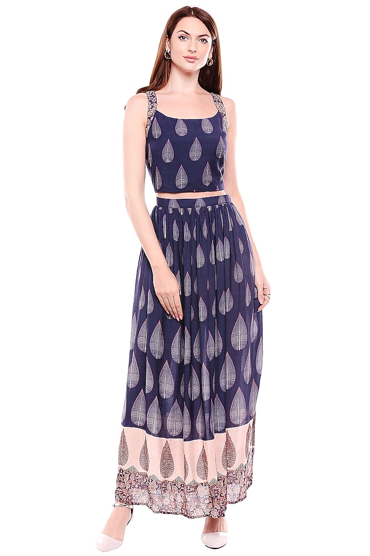 Navy Blue & Off White Printed Skirt Set For Girls by Soup by Sougat Paul Kids at Pernia's Pop Up Shop