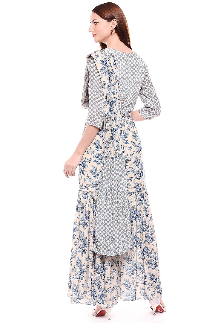 Blue & Off White Printed Sharara Saree Set For Girls by Soup by Sougat Paul Kids at Pernia's Pop Up Shop