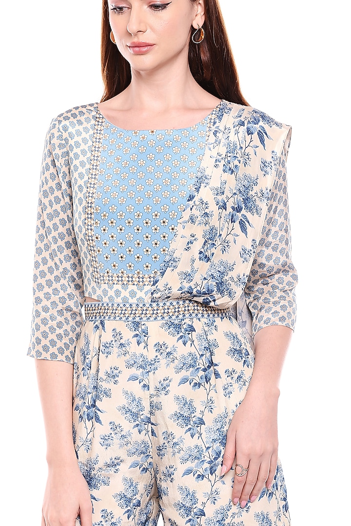 Blue & Off White Printed Sharara Saree Set For Girls by Soup by Sougat Paul Kids at Pernia's Pop Up Shop