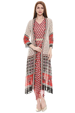 Red Satin Printed Jacket Dress For Girls by Soup by Sougat Paul Kids