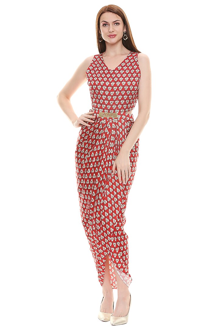 Red Satin Printed Jacket Dress For Girls by Soup by Sougat Paul Kids at Pernia's Pop Up Shop