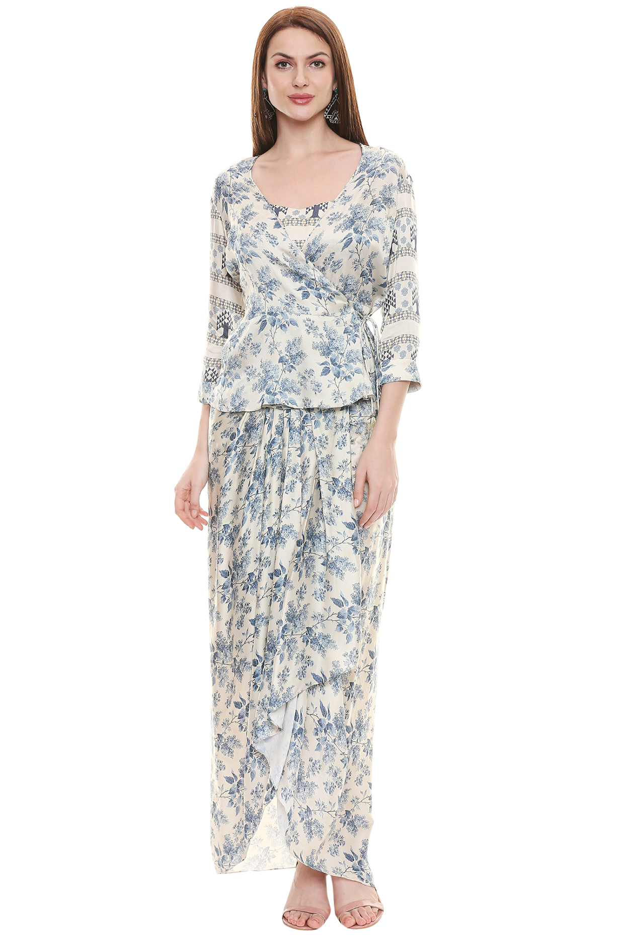Blue & Off White Printed Skirt Set For Girls by Soup by Sougat Paul Kids