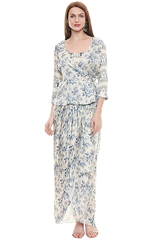 Blue & Off White Printed Skirt Set For Girls by Soup by Sougat Paul Kids