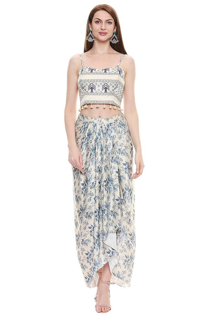 Blue & Off White Printed Skirt Set For Girls by Soup by Sougat Paul Kids at Pernia's Pop Up Shop