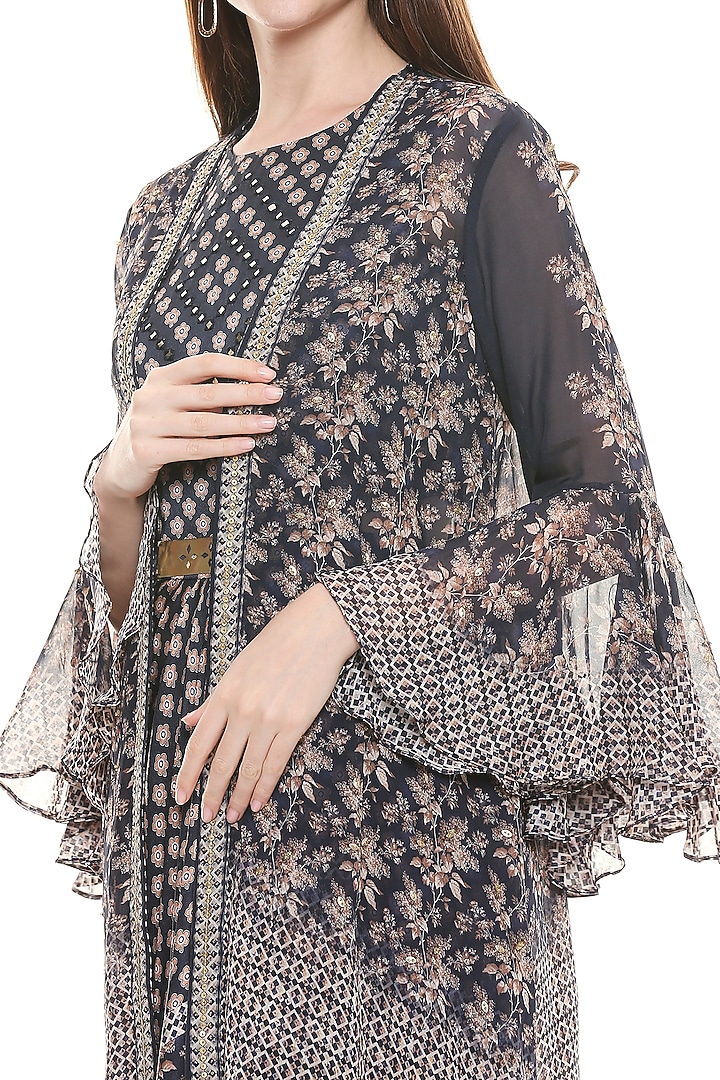 Persian Blue Chiffon Printed Jacket Dress For Girls by Soup by Sougat Paul Kids at Pernia's Pop Up Shop