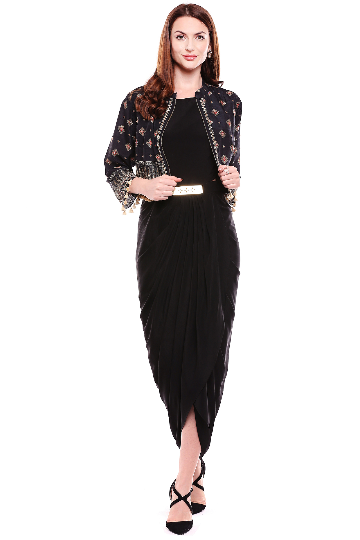 Black Draped Dress With Jacket For Girls by Soup by Sougat Paul Kids