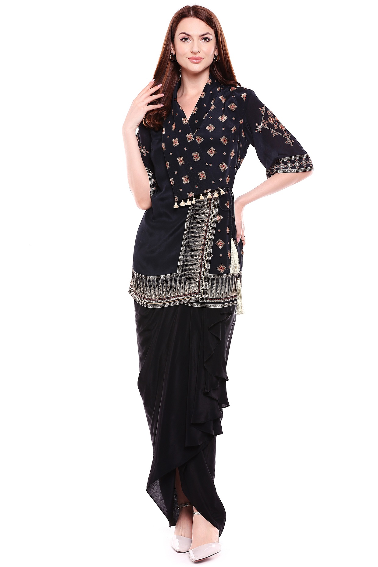 Trendy Dhoti Style Skirt With Aline Kurti & Khat Handwork DM TO ORDER  @manibhadra.designer.studio | Instagram
