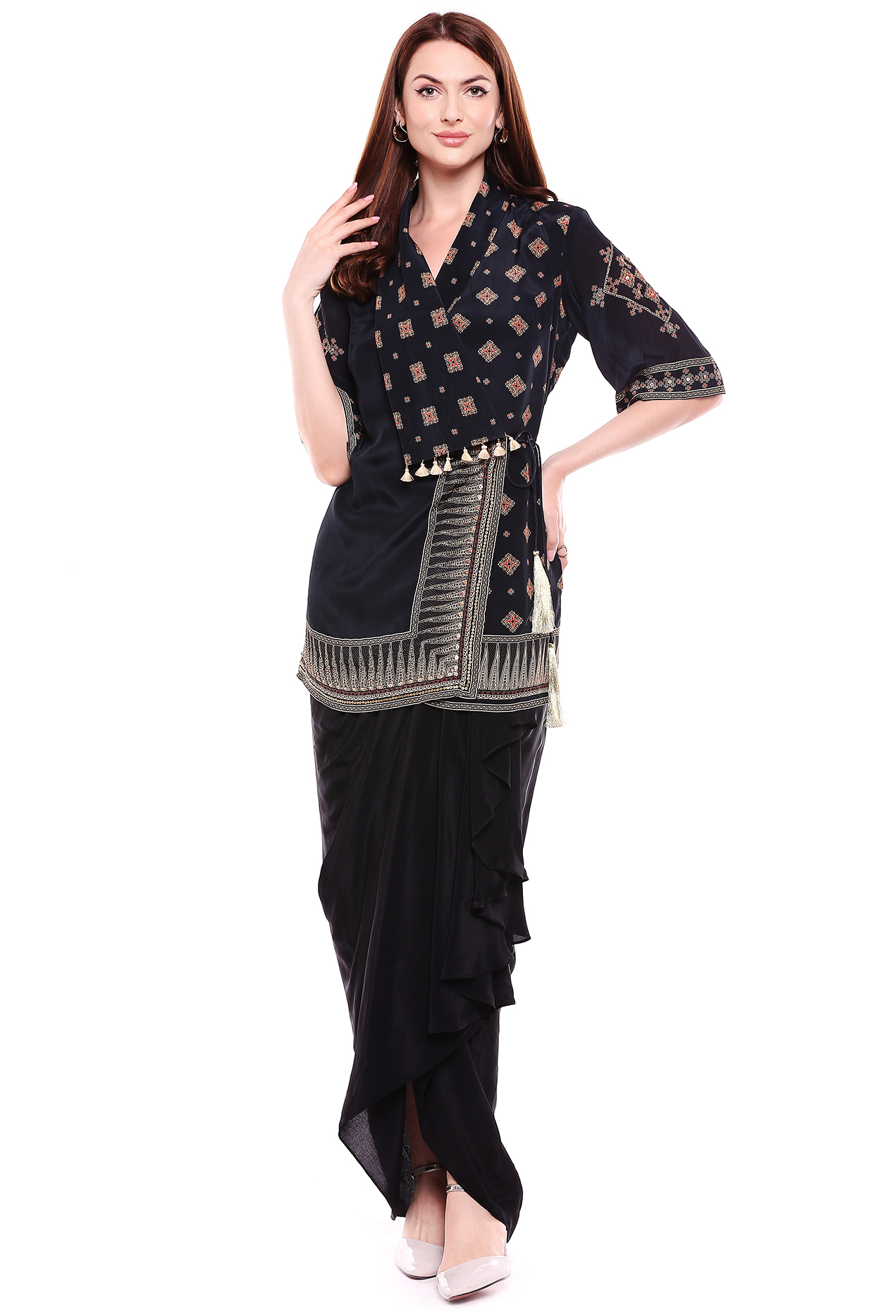 Black Crepe Dhoti Skirt Set For Girls by Soup by Sougat Paul Kids at Pernia's Pop Up Shop