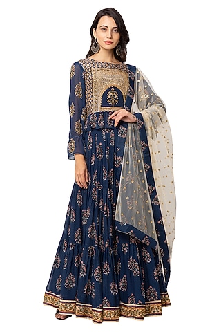 Navy Blue Printed Skirt Set For Girls by Soup by Sougat Paul Kids