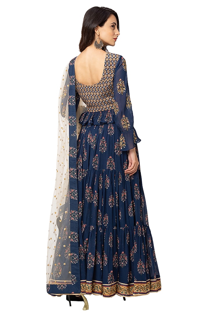 Navy Blue Printed Skirt Set For Girls by Soup by Sougat Paul Kids at Pernia's Pop Up Shop