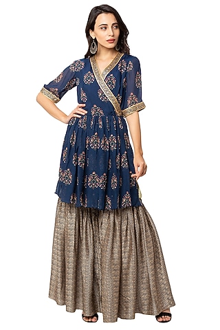 Golden Malaysian Silk Sharara Set For Girls by Soup by Sougat Paul Kids