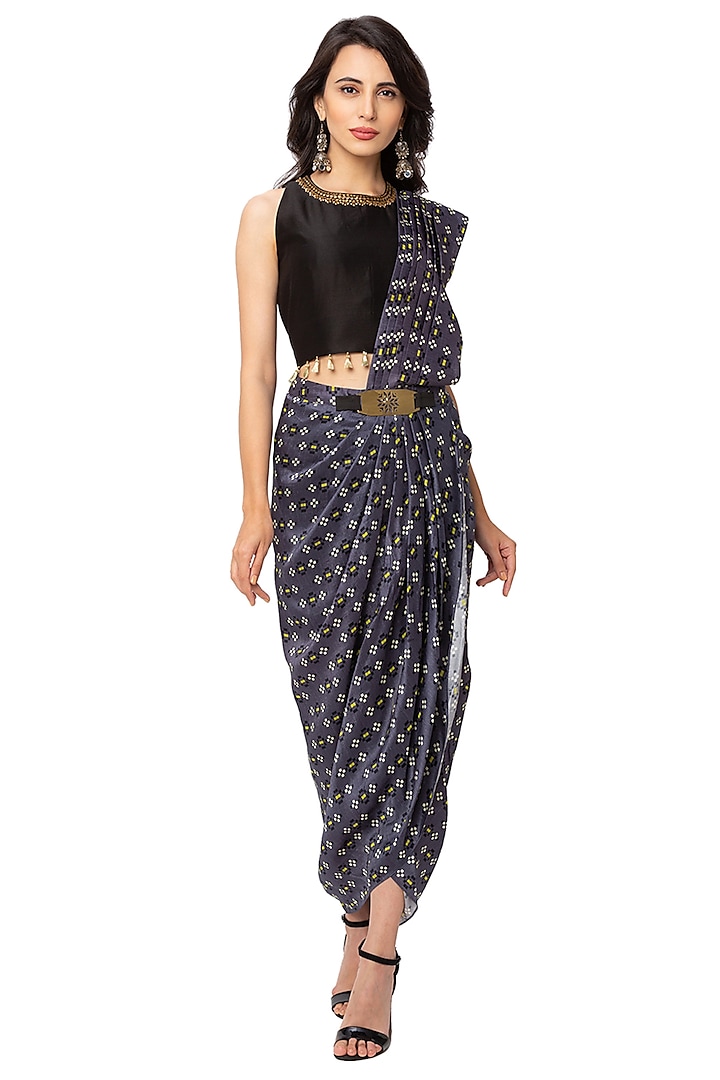 Navy Blue Silk & Chanderi Pre-Stitched Saree For Girls by Soup by Sougat Paul Kids
