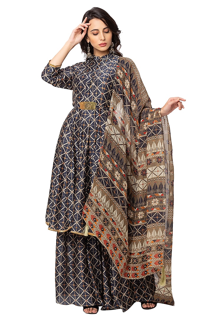 Blue Printed Sharara Set For Girls by Soup by Sougat Paul Kids