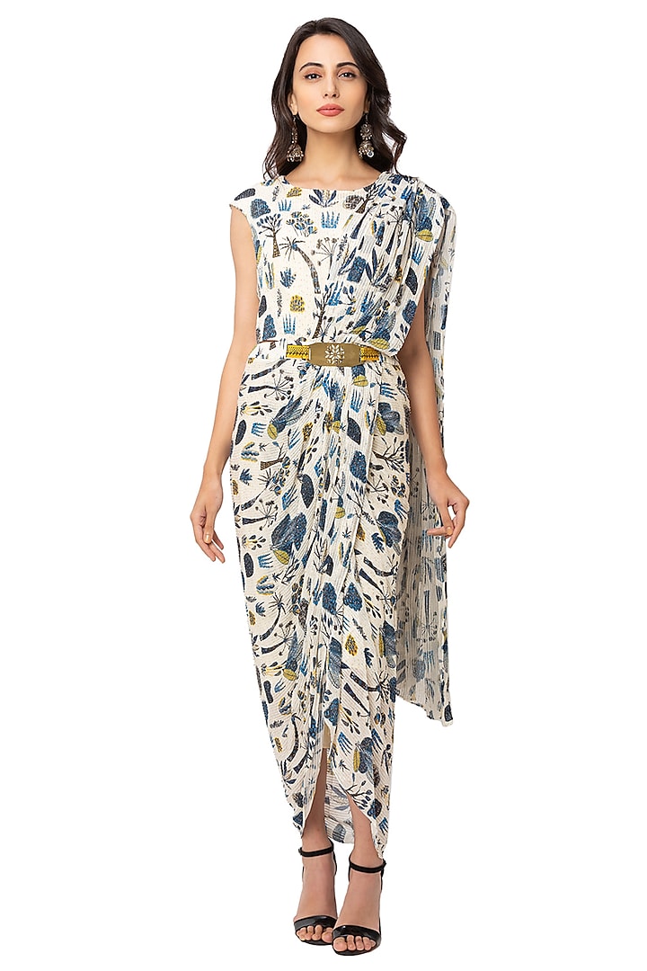 Off-White Printed Saree Gown With Belt For Girls by Soup by Sougat Paul Kids