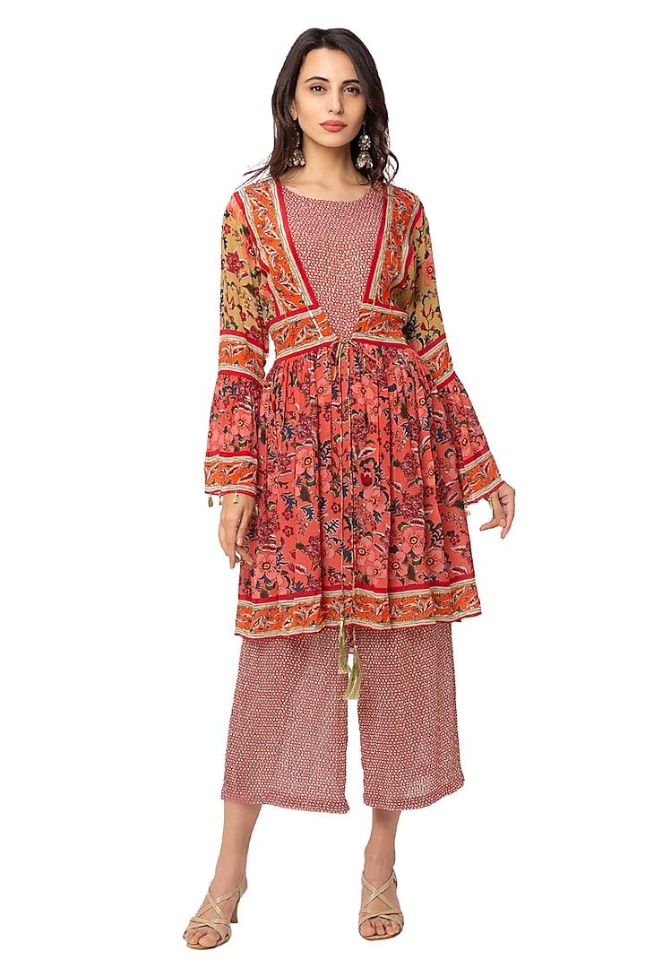 Red Printed Jumpsuit With Jacket For Girls by Soup by Sougat Paul Kids