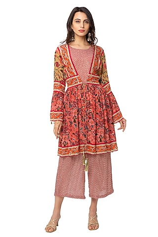 Red Printed Jumpsuit With Jacket For Girls by Soup by Sougat Paul Kids
