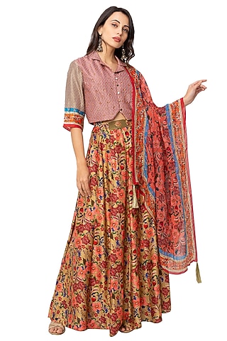 Yellow Printed Lehenga Set For Girls by Soup by Sougat Paul Kids