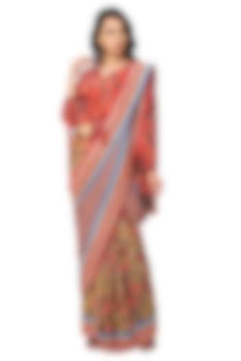 Red Printed Pre-Stitched Saree Set For Girls by Soup by Sougat Paul Kids