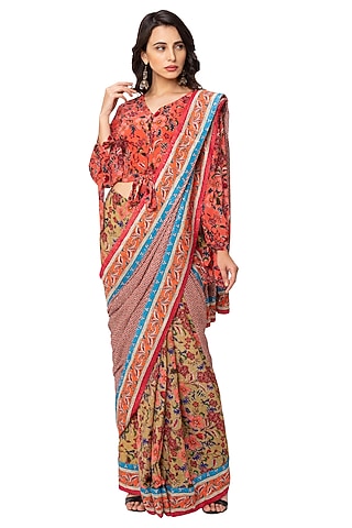 Red Printed Pre-Stitched Saree Set For Girls by Soup by Sougat Paul Kids