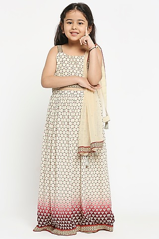 Beige Printed Lehenga Set For Girls by Soup by Sougat Paul Kids