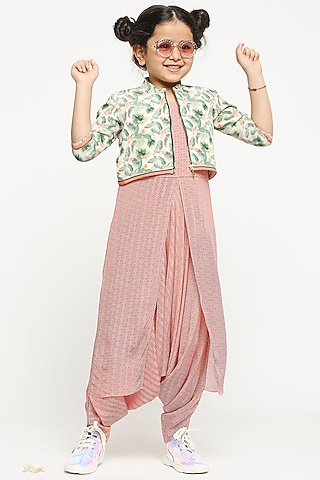 Old Pink Printed Jumpsuit With Bomber Jacket For Girls by Soup by Sougat Paul Kids
