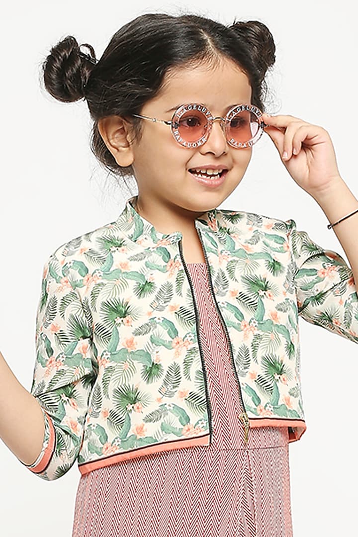 Old Pink Printed Jumpsuit With Bomber Jacket For Girls by Soup by Sougat Paul Kids at Pernia's Pop Up Shop