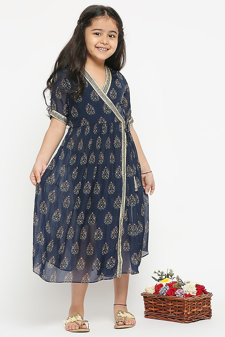 Midnight Blue Printed Overlapped Dress For Girls by Soup by Sougat Paul Kids