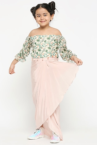 Sheer Pink Drape Skirt Set For Girls by Soup by Sougat Paul Kids