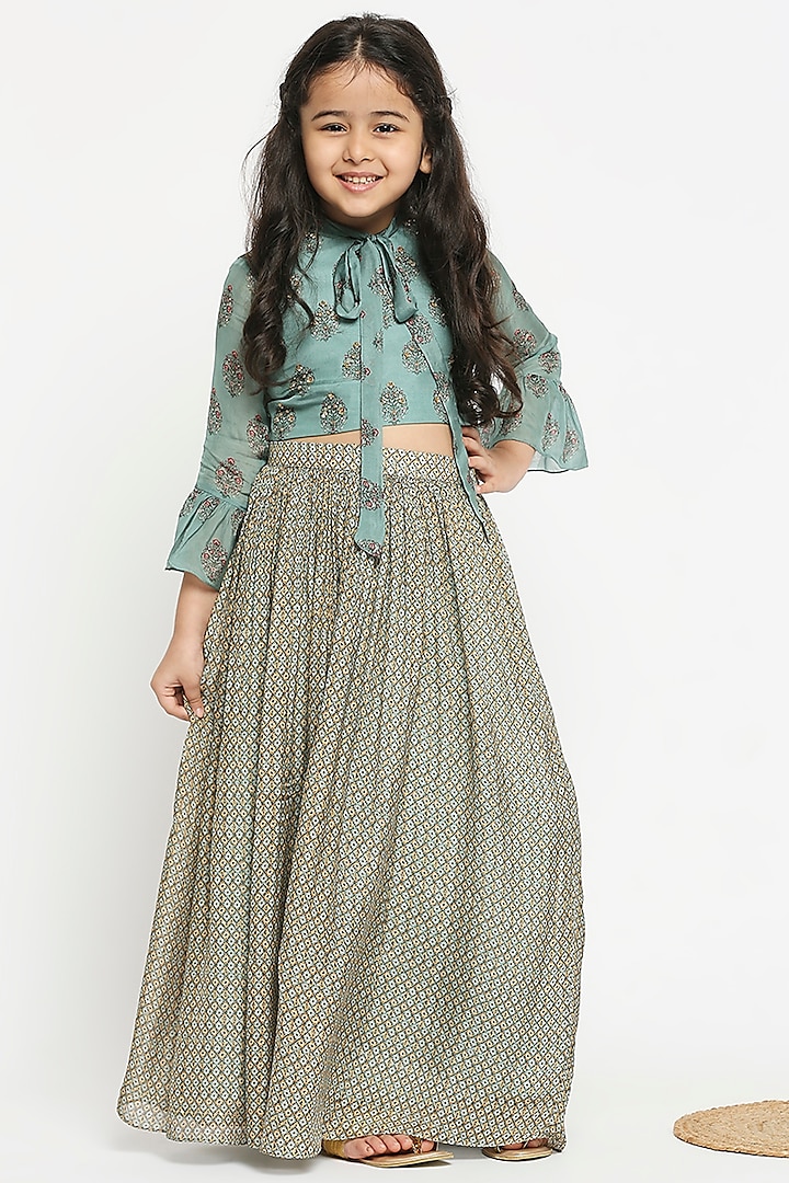 Catalina Green Printed Skirt Set For Girls by Soup by Sougat Paul Kids