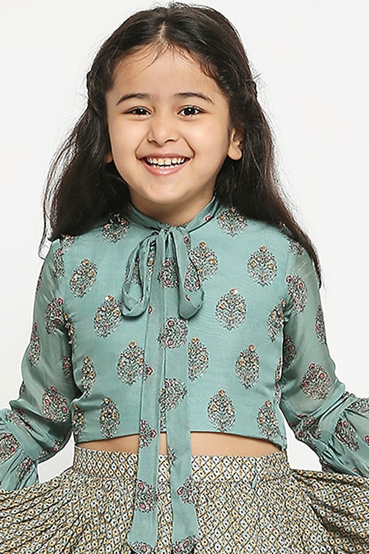 Catalina Green Printed Skirt Set For Girls by Soup by Sougat Paul Kids at Pernia's Pop Up Shop