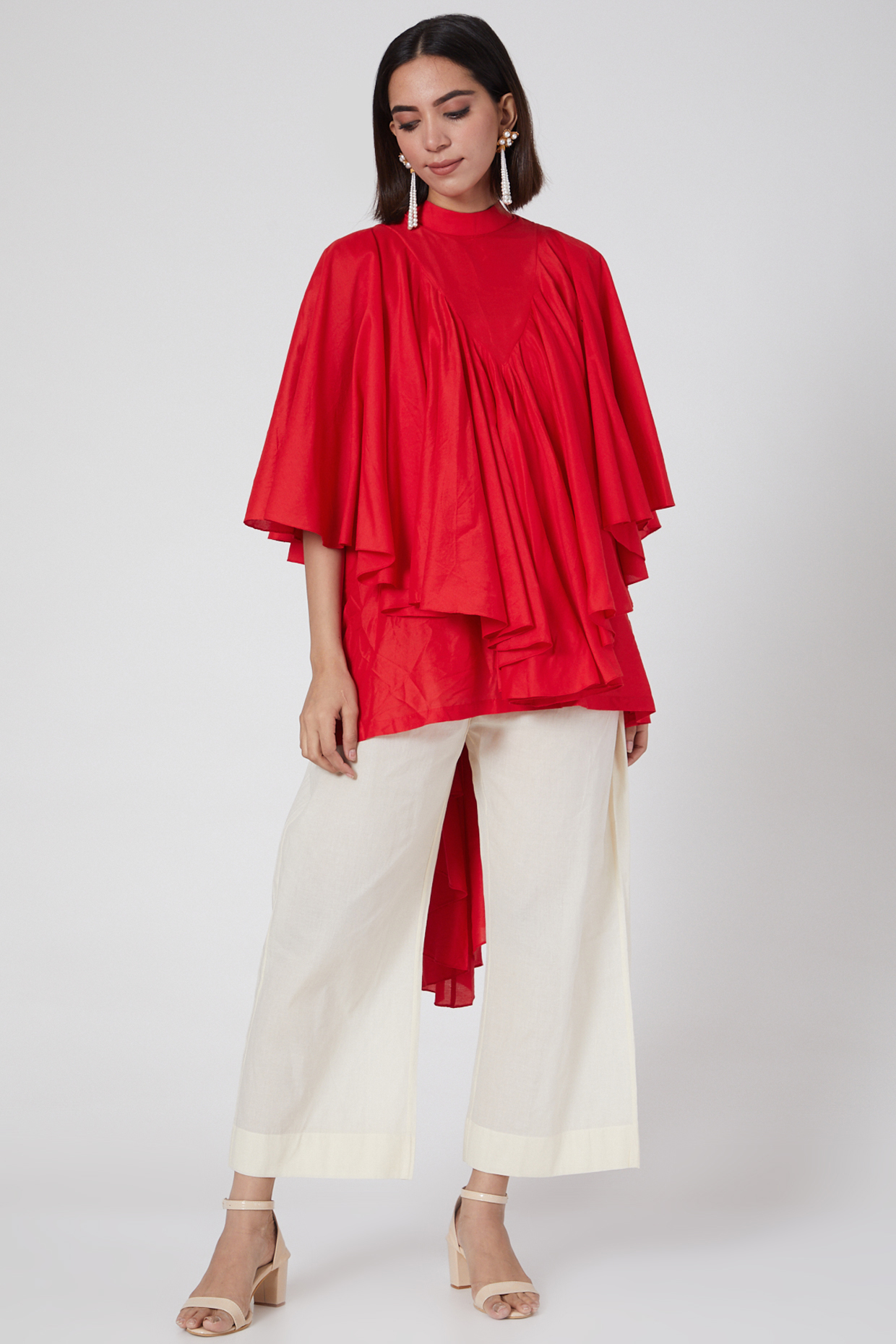 Red Draped & Ruffled Top by Gulabo By Abu Sandeep at Pernia's Pop Up Shop
