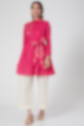 Pink Pleated Shirt With Belt by Gulabo By Abu Sandeep
